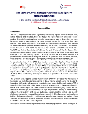 Concept note: 2nd Southern Africa Dialogue Platform: El Niño Insights: Southern Africa Anticipation After Action Review