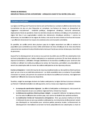 Termes de reference Groupe de Travail Action Anticipatoire – Afrique de l’Ouest et du Centre (GTAA-AOC)