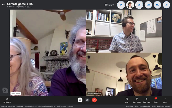 The image shows a sreenshot of a Skype call with four people