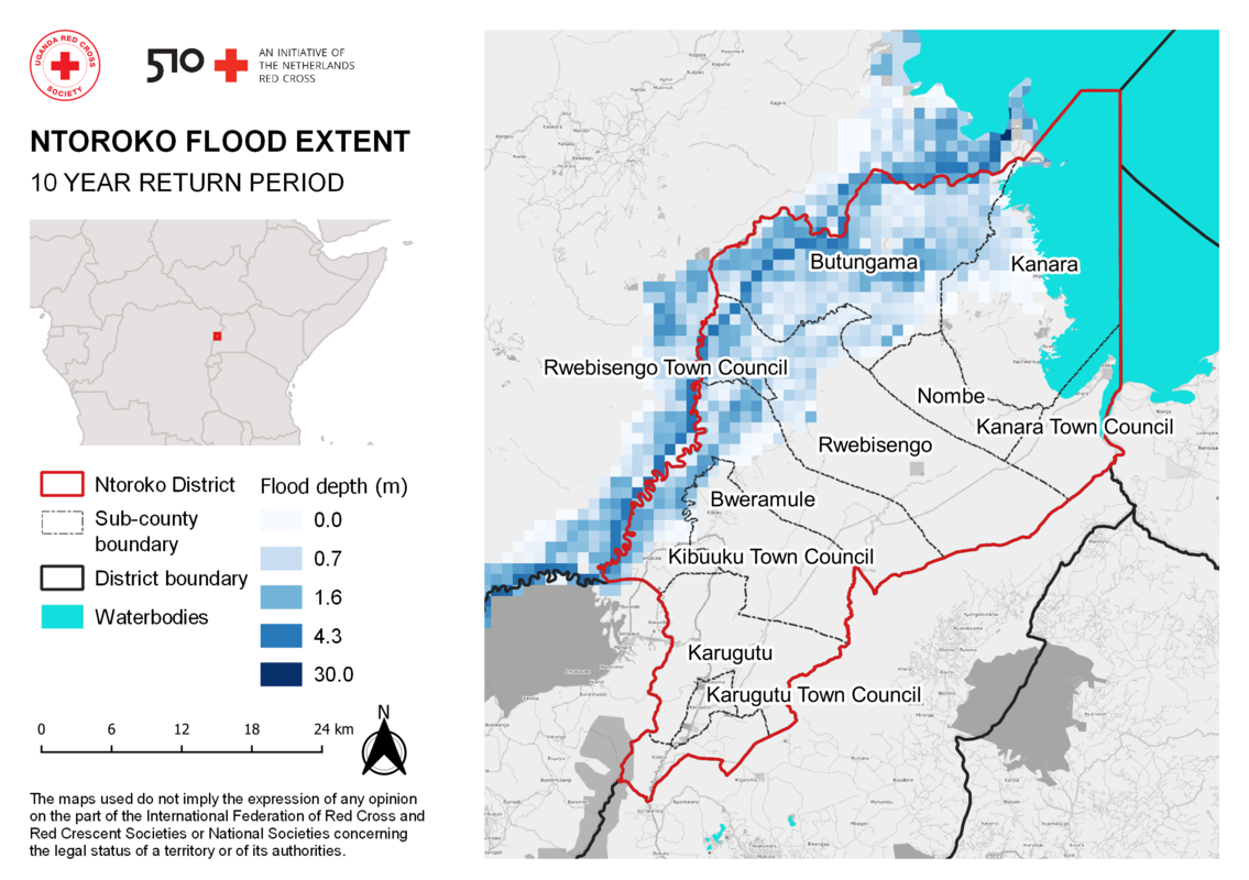 Image shows Map of flood extent (for Ntoroko district in Uganda) identifying vulnerable areas